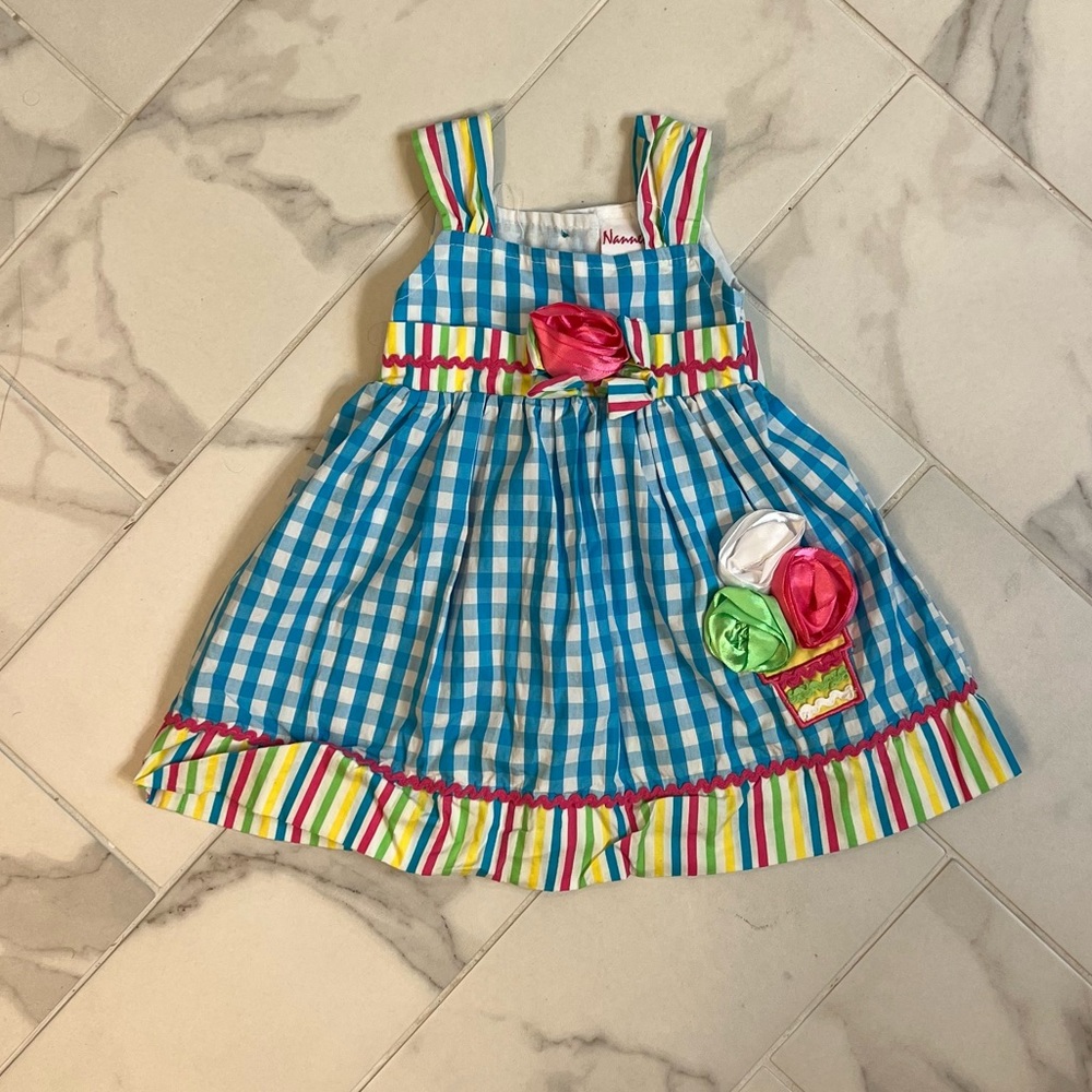 Nannette Dress, gingham Blue and White with Flowers, Size 18 Months